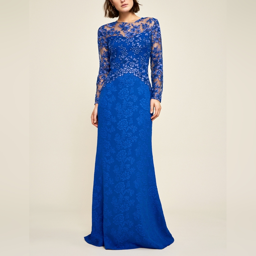 Tadashi Shoji Kalinda Embroidered Jacquard Gown Royal Blue Size 8
